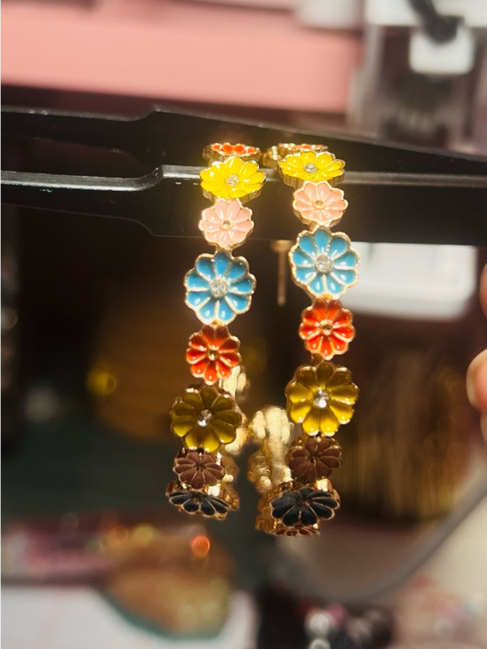 Multi-Color Enamel Flower Hoop Earrings